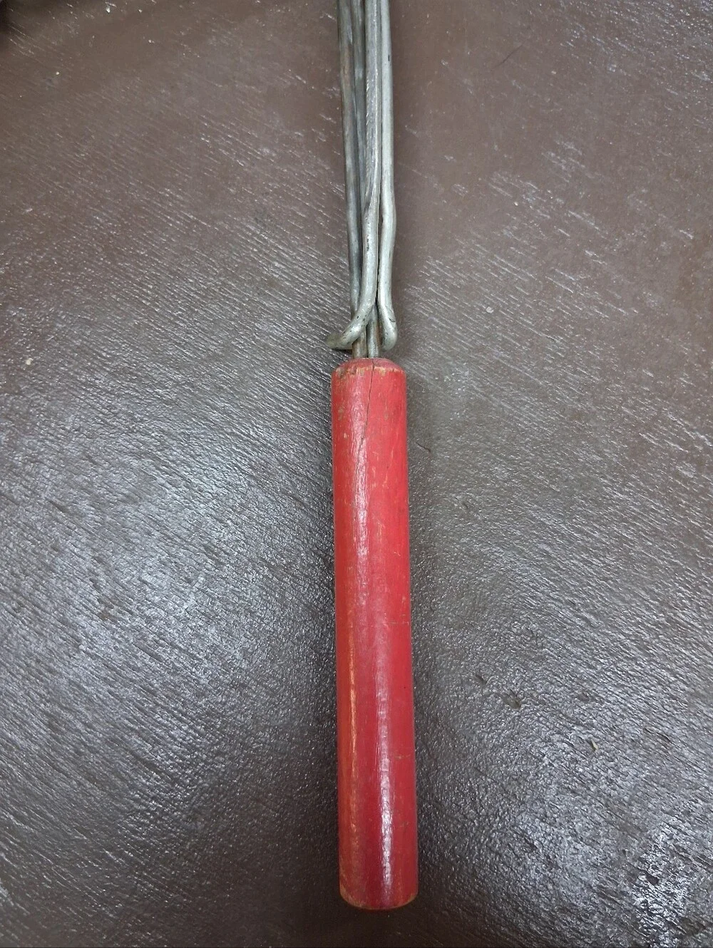 Pair of 2 Vintage metal Red Adjustable Hot Dog Skewer Fork Campfire Wood Handles